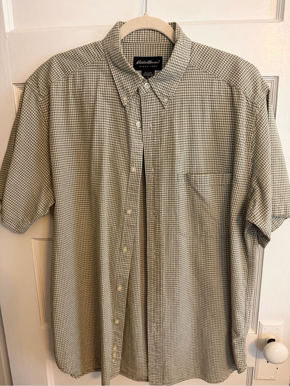 Eddie Bauer Short Sleeve Seersucker Button-Down in Olive Check